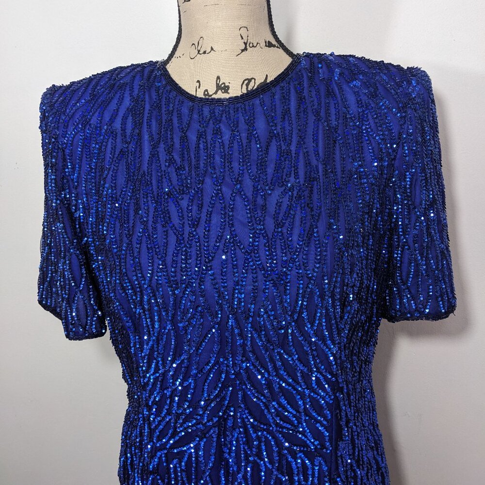NWT STENAY Blue 100% Silk Sequined Formal Holiday Evening Dress Classy 16 - Picture 2 of 15